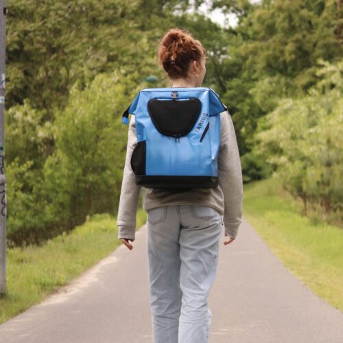 TARIGS MountainRock Backpack Sky Blue porté de dos sur un chemin forestier