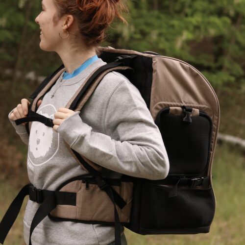 TARIGS Bulldog Backpack in Desert Sand worn from the side, with adjustable straps