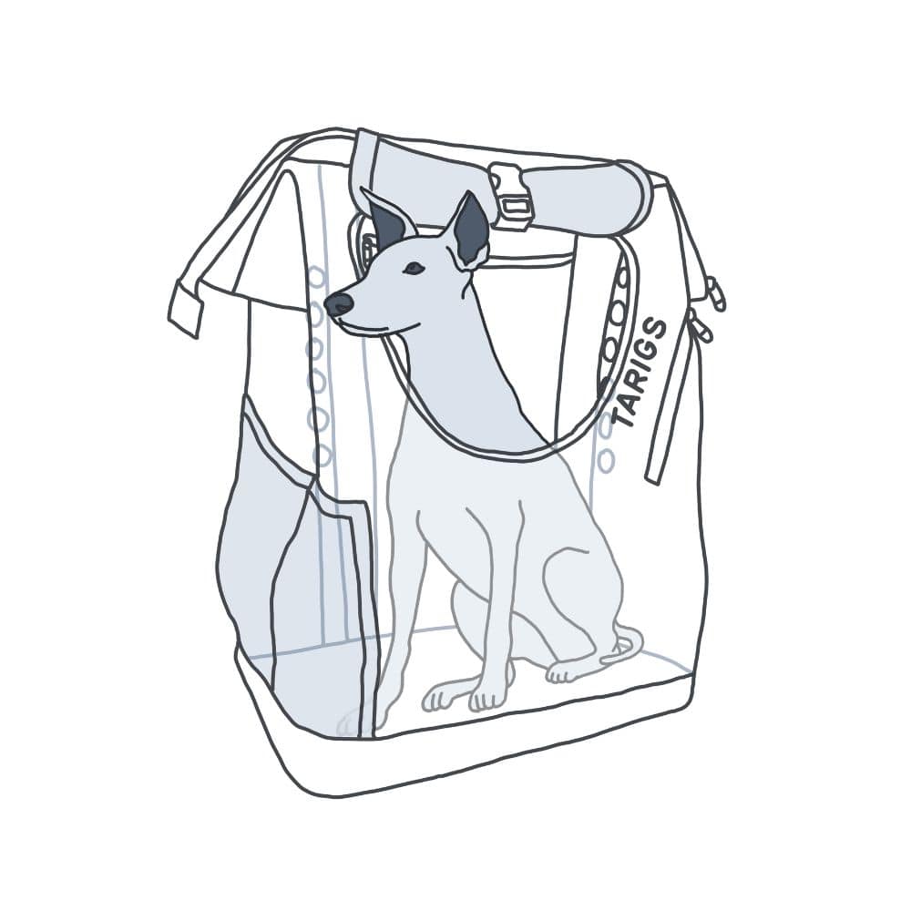 Ilustración de un perro sentado en otro tipo de mochila.