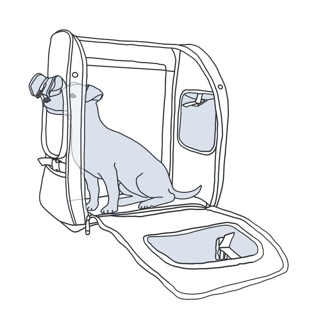 Ilustración de un perro sentado erguido en una mochila y mirando hacia fuera.