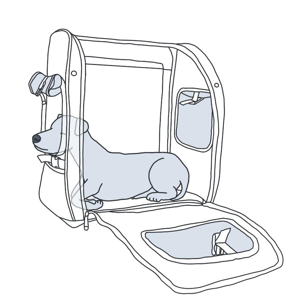 Ilustración de un perro tumbado en una mochila.